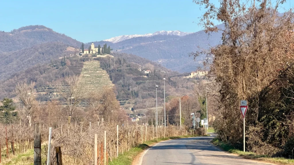 Veduta della Santissima di Gussago dal basso con vigneti in primo piano e montagne innevate sullo sfondo.